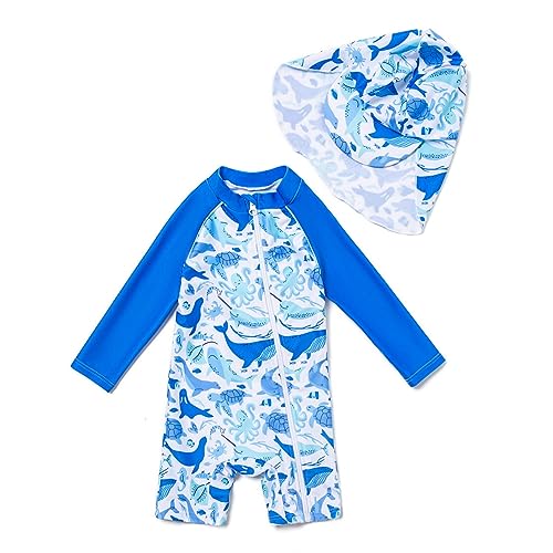 BONVERANO Baby Jungen Recycelter Badeanzug mit einem durchgehendem Reißverschluss UV-Schutz 50+(Blau-Wale,24-36Monate) von BONVERANO