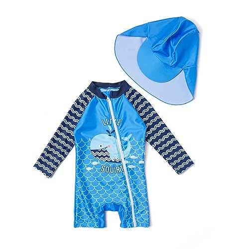 BONVERANO Baby Jungen Recycelter Badeanzug mit einem durchgehendem Reißverschluss UV-Schutz 50+(Blau-gewellt,18-24Monate) von BONVERANO