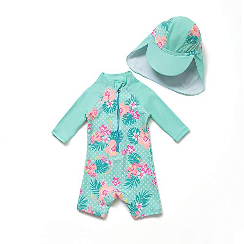 BONVERANO Baby Mädchen Badeanzug EIN stück 3/4 der ärmellänge UV-Schutz 50+ Kleidung MIT Einem Reißverschluss…(Grüne-Blumen,3-6Monate… von BONVERANO