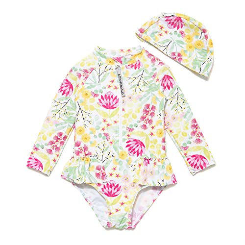 BONVERANO Baby Mädchen Badeanzug mit Badekappe UV-Schutz 50+ EIN stück Langärmelige-Badeanzug…(Gelb-Lotus,24-36Monate… von BONVERANO