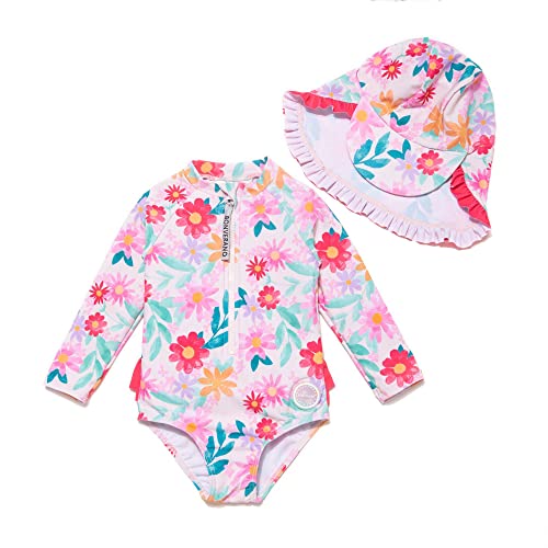 BONVERANO Baby Mädchen Badeanzug mit Badekappe UV-Schutz 50+ EIN stück Langärmelige-Badeanzug…(Rosa-Blumen,18-24Monate… von BONVERANO