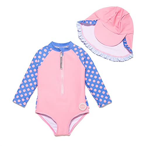 BONVERANO Baby Mädchen Badeanzug mit Badekappe UV-Schutz 50+ EIN stück Langärmelige-Badeanzug…(Rosa-Punkte,18-24Monate… von BONVERANO