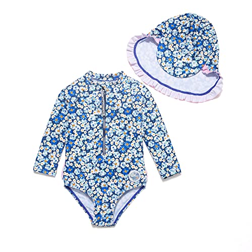 BONVERANO Baby Mädchen EIN stück Langärmelige-Kleidung UV-Schutz 50+ Badeanzug mit Badekappe…(Blau-Blau weiß,12-18Monate… von BONVERANO