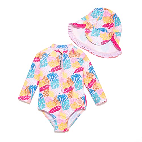 BONVERANO Baby Mädchen EIN stück Langärmelige-Kleidung UV-Schutz 50+ Badeanzug mit Badekappe…(Rosa-Ahornblatt,24-36Monate… von BONVERANO