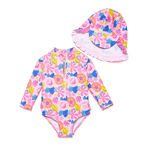 BONVERANO Baby Mädchen EIN stück Langärmelige-Kleidung UV-Schutz 50+ Badeanzug mit Badekappe…(Rosa-Blume,12-18Monate… von BONVERANO