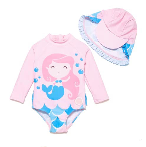 BONVERANO Baby Mädchen EIN stück Langärmelige-Kleidung UV-Schutz 50+ Badeanzug mit Badekappe…(Rosa-Meerjungfrau,18-24Monate… von BONVERANO