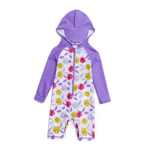 BONVERANO Baby Mädchen Einteiler Badeanzug UPF 50+ Sonnenschutz Kapuze Sonnenanzug mit Sonnenhaube, Blumen2, 3-4 Jahre von BONVERANO