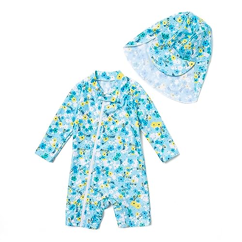 BONVERANO Baby Mädchen Recycelter Badeanzug mit einem durchgehendem Reißverschluss UV-Schutz 50+ (Violett-gelbe Blumen,9-12Monate) von BONVERANO