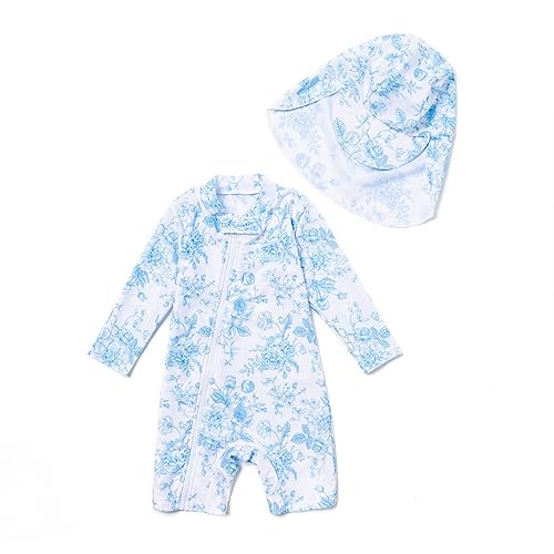 BONVERANO Baby Mädchen Recycelter Badeanzug mit einem durchgehendem Reißverschluss UV-Schutz 50+ (Weiß-Blau,24-36Monate) von BONVERANO