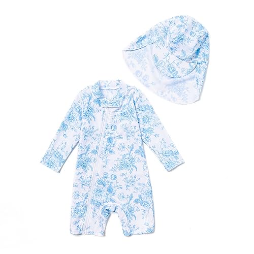 BONVERANO Baby Mädchen Recycelter Badeanzug mit einem durchgehendem Reißverschluss UV-Schutz 50+ (Weiß-Blau,3-6Monate) von BONVERANO