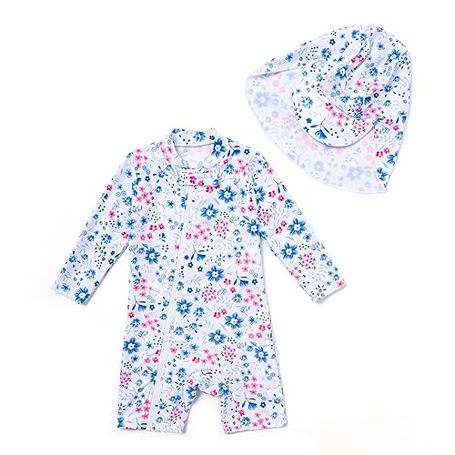 BONVERANO Baby Mädchen Recycelter Badeanzug mit einem durchgehendem Reißverschluss UV-Schutz 50+ (Weiß-Blumen,18-24Monate) von BONVERANO