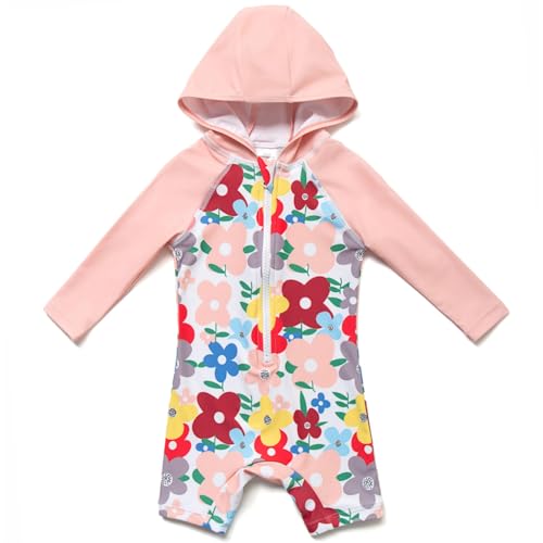 BONVERANO Badeanzug für Babys und Kleinkinder Mit Kapuze UV-Schutz 50+ Badebekleidung Mädchen/Jungen 0-4 Jahre(Rosa Blumen, 12-18Months) von BONVERANO