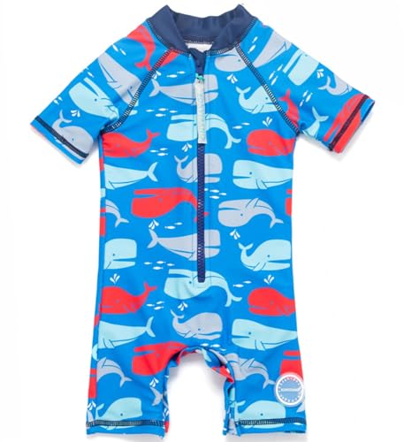 BONVERANO Kinder Bademode~Kleiner Junge Badeanzug EIN Stück Mit Badekappe UPF 50+ UV-Schutz 0-4 Jahre (12-18 Months, Whale) von BONVERANO