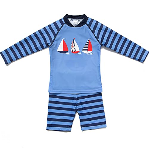 BONVERANO Kinder Bademode~Kleiner Junge Schwimmshirt-Set Mit Badekappe UPF 50+ UV-Schutz 0-4 Jahre (Sailboat, 6-9Monate) von BONVERANO