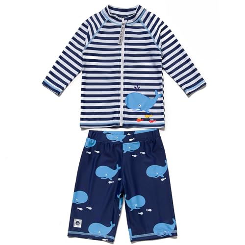 BONVERANO Kinder Bademode~Kleiner Junge Schwimmshirt-Set Mit Badekappe UPF 50+ UV-Schutz 0-4 Jahre (Whale, 18-24Monate) von BONVERANO