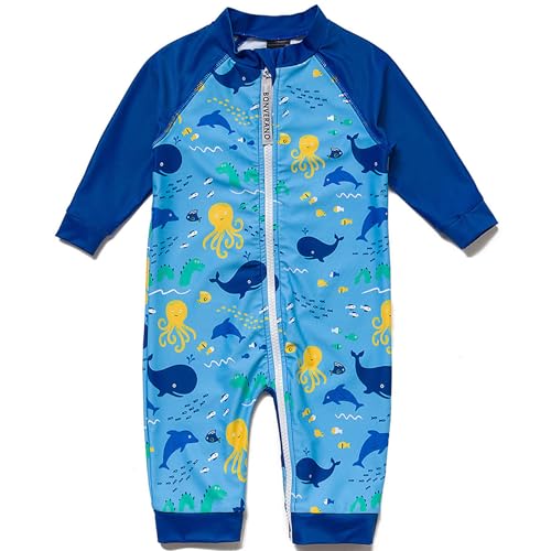 BONVERANO Kleiner Junge Badeanzug EIN Stück Extra Langer Reißverschluss Mit Badekappe UV-Schutz 50+ (Ozean, 9-12Months, 9_Months) von BONVERANO