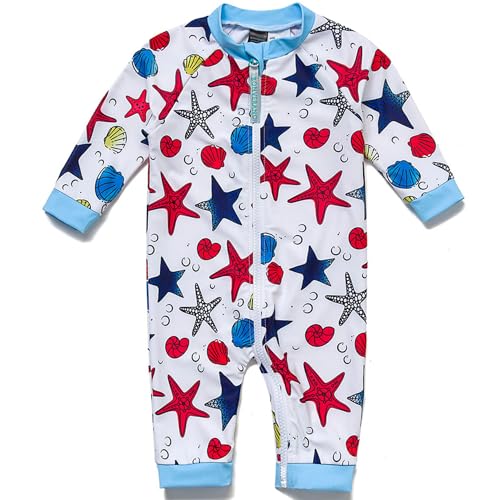 BONVERANO Kleiner Junge Badeanzug EIN Stück Extra Langer Reißverschluss Mit Badekappe UV-Schutz 50+ (Seestern, 9-12Months, 9_Months) von BONVERANO