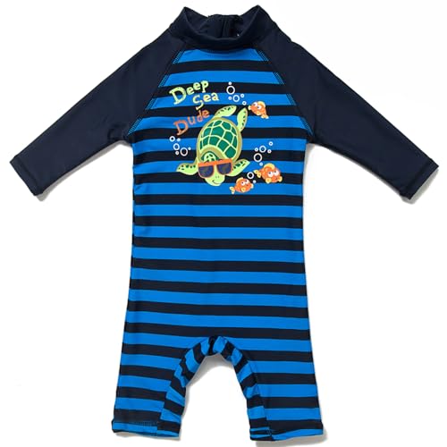 BONVERANO Kleiner Junge Badeanzug EIN Stück Mit Badekappe UV-Schutz 50+ (Gestreifte Schildkröte, 9-12) von BONVERANO