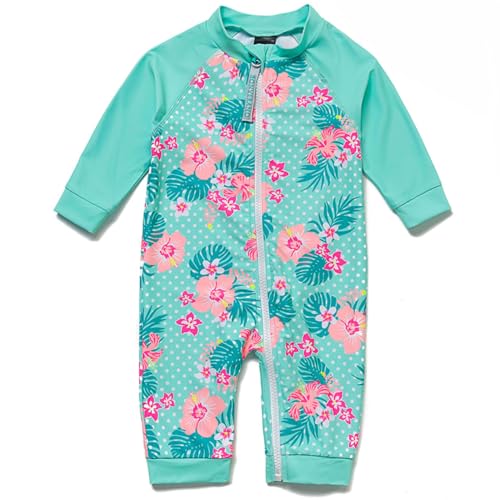 BONVERANO Kleiner Mädchen Badeanzug EIN Stück Extra Langer Reißverschluss Mit Badekappe UV-Schutz 50+ (Grüne Blume, 24-36Months, 24_Months) von BONVERANO