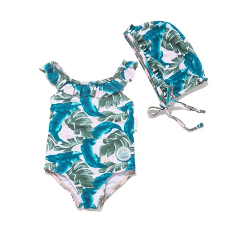 BONVERANO Kleiner Mädchen Schwimmanzug UV-Schutz Bambusmuster Schwimmanzug mit Sonnenhut (12-18Months, Grün) von BONVERANO