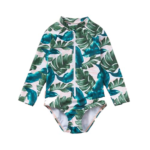 BONVERANO Kleiner Mädchen Schwimmanzug UV-Schutz Bambusmuster Schwimmanzug mit Sonnenhut (4T, Bambusblätter) von BONVERANO