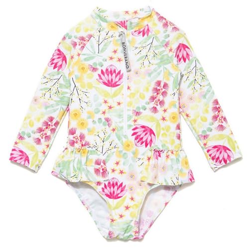 BONVERANO Kleiner Mädchen UV-Schutz Badeanzug EIN Stück Mit Badekappe 0-3 Jahre (Lotosblume, 9-12Monate) von BONVERANO