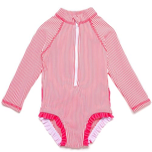 BONVERANO Kleiner Mädchen UV-Schutz Badeanzug EIN Stück Mit Badekappe 0-3 Jahre (roter Streifen, 18-24Monate) von BONVERANO