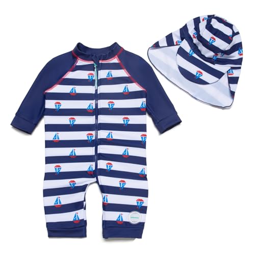 BONVERANO Säuglingsjunge EIN stück 3/4 der ärmellänge UV-Schutz 50+ Badeanzug MIT Einem Reißverschluss (Three Sailboats, 92-98) von BONVERANO