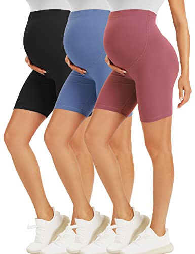 BONVIGOR Umstands-Shorts über dem Bauch, Biker, Workout, Yoga, aktiv, athletisch, Schwangerschaft, kurze Hose, Lounge-Pyjama, 3er-Pack, Schwarz/Blau/Dunkelrosa, Mittel von BONVIGOR