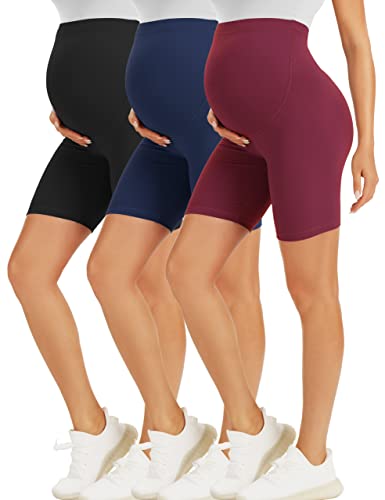 BONVIGOR Umstands-Shorts über dem Bauch, Biker, Workout, Yoga, aktiv, athletisch, Schwangerschaft, kurze Hose, Lounge-Pyjama, 3er-Pack, Schwarz/Marineblau/Weinrot, Groß von BONVIGOR