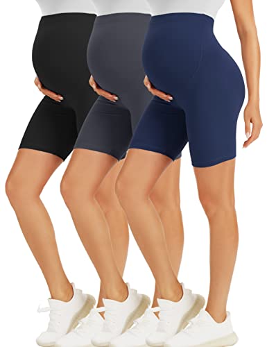 BONVIGOR Umstands-Shorts über dem Bauch, Biker, Workout, Yoga, aktiv, athletisch, Schwangerschaft, kurze Hose, Lounge-Pyjama, 3er-Pack, schwarz/dunkelgrau/marineblau, X-Groß von BONVIGOR