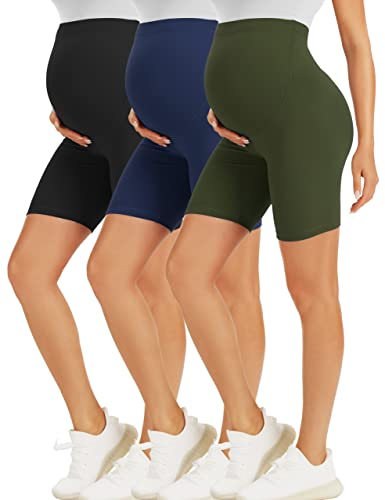 BONVIGOR Umstands-Shorts über dem Bauch, Biker, Workout, Yoga, aktiv, athletisch, Schwangerschaft, kurze Hose, Lounge-Pyjama, 3er-Pack, schwarz/marineblau/olivgrün, Groß von BONVIGOR