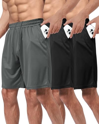 BOOJO 3er Pack Sporthose Herren Kurz Hosen mit Taschen Sport Shorts Schnell Trocknend Trainingshose für Gym Fitness(Schwarz*2/Dunkelgrau,M) von BOOJO