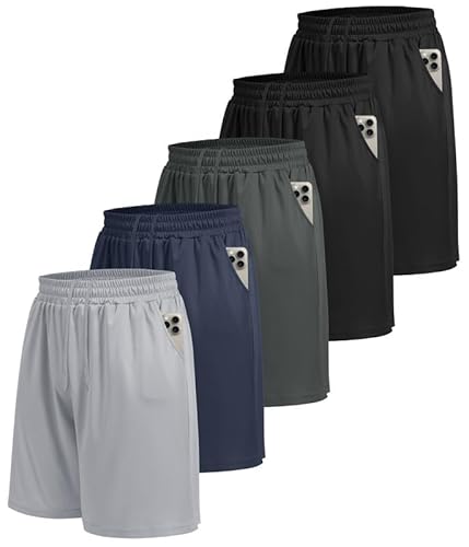 BOOJO 5er Pack Sporthose Herren Kurz Sport Shorts mit Taschen Schnell Trocknend Trainingshose Jogginghose Laufhose für Gym Basketball(Schwarz*2/Dunkelgrau/Dunkelblau/Hellgrau,XXL) von BOOJO