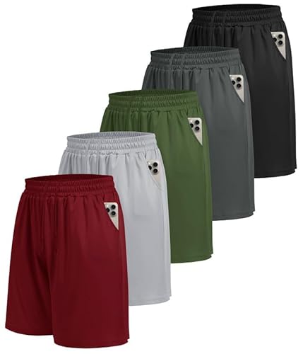 BOOJO 5er Pack Sporthose Herren Kurz Sport Shorts mit Taschen Schnell Trocknend Trainingshose Jogginghose Laufhose für Gym Basketball(Schwarz/Dunkelgrau/Hellgrau/Armeegrün/Weinrot,S) von BOOJO