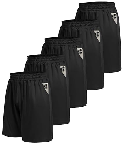 BOOJO 5er Pack Sporthose Herren Kurz Sport Shorts mit Taschen Schnell Trocknend Trainingshose Jogginghose Laufhose für Gym Basketball(Schwarz*5,S) von BOOJO
