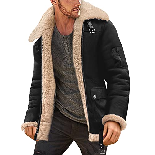 BOOMJIU Mantel Herren Vintage Ledermantel Herren schwarz Lange Kunstlederjacke Ledermantel Winter Pu Mantel mit Pelzkragen von BOOMJIU