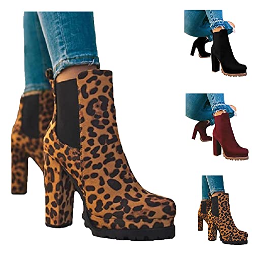 Winterstiefel Damen Hohe Stiefel Leopard Dicke Fersenstiefel Stiefeletten Freizeitschuhe Schlupfstiefel Sockenstiefel Römische Schuhe High Heels Chelsea Boots mit Blockabsatz von BOOMJIU