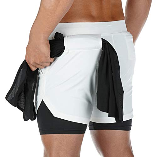 BOOMLEMON Herren 2-in-1 Lauf-Shorts mit Handtuchschlaufe, Weiß, Groß von BOOMLEMON