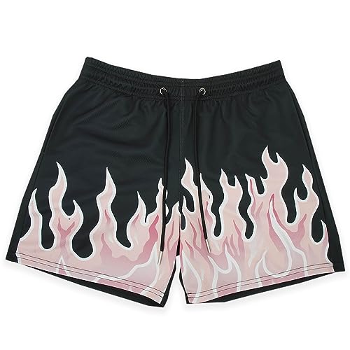 BOOMLEMON Herren Basketball Shorts Casual Workout Athletic Shorts Mesh Flamme Grafik Print Laufen Kurze Hosen, Pink Flame Black, X-Klein von BOOMLEMON