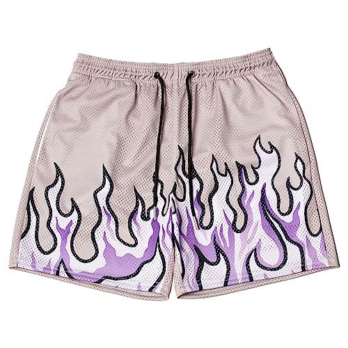 BOOMLEMON Herren-Basketball-Shorts, lässig, Workout, athletische Shorts, Netzstoff, Flammen-Grafikdruck, Laufhose, Cool Flame Purple, Groß von BOOMLEMON