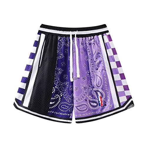 BOOMLEMON Herren Basketball Shorts Workout Athletic Paisley Shorts Mesh Print Running Short Pants, Schwarz & Blau & Lila, Klein von BOOMLEMON