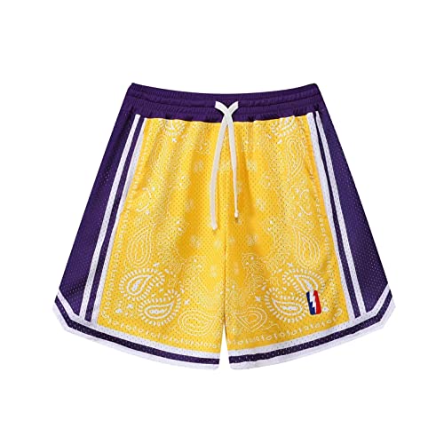 BOOMLEMON Herren Basketball Shorts Workout Athletic Paisley Shorts Mesh Print Running Short Pants, gelb, X-Groß von BOOMLEMON