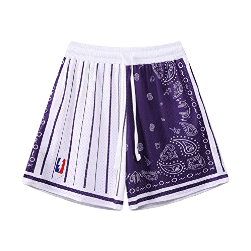 BOOMLEMON Herren Basketball-Shorts Workout Athletic Paisley Shorts Mesh Print Running Short Pants, weiß/violett, XL von BOOMLEMON