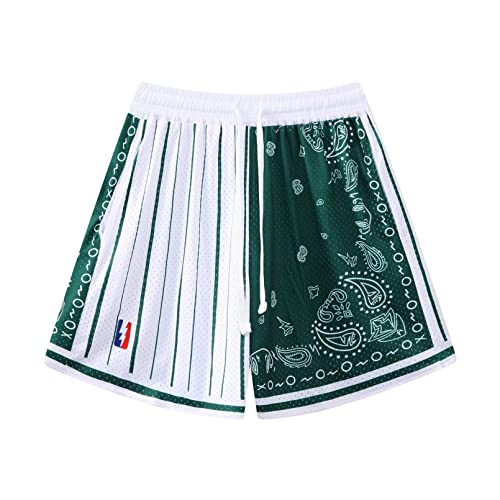 BOOMLEMON Herren Basketball Shorts Workout Athletic Paisley Shorts Mesh Print Running Short Pants, weiß / grün, X-Klein von BOOMLEMON