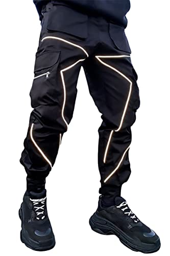 BOOMLEMON Herren Fashion Reflektierende Streifen Beam Pants Casual Sport Hose Cargo Jogger, schwarz, Klein von BOOMLEMON
