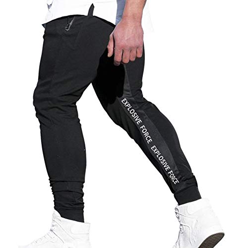 BOOMLEMON Herren Jogginghose Slim Fit Sporthose Trainingshose mit Seitentaschen Fitnesshose Freizeithose Sweatpants(Schwarz L/Tag XL) von BOOMLEMON