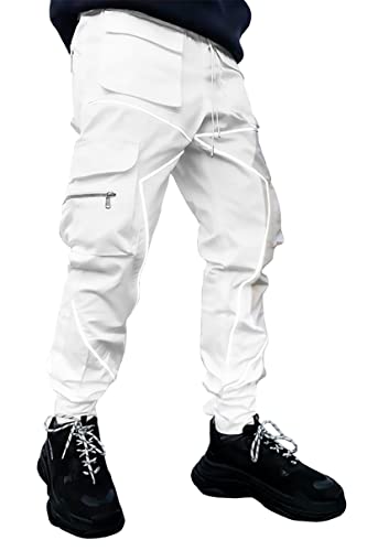 BOOMLEMON Herren Mode Reflektierende Streifen Beam Pants Casual Sporthose Cargo Jogger, Weiß, X-Groß BOOMLEMON Herren Mode Reflektierende Streifen Beam Pants Casual Sporthose Cargo Jogger, Weiß, X-Groß von BOOMLEMON
