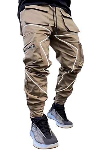 BOOMLEMON Herren Mode Reflektierende Streifen Beam Pants Casual Sporthose Cargo Jogger, khaki, Groß von BOOMLEMON