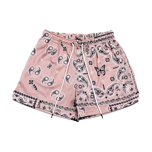BOOMLEMON Herren Paisley Shorts Mesh Grafik Print Retro Casual Shorts Athletic Gym Basketball Laufen Kurze Hose, Pink, Klein von BOOMLEMON